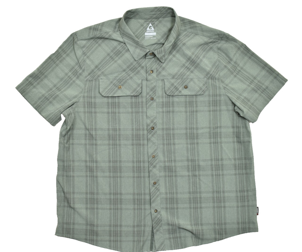Gerry Men's XXL Short Sleeve Plaid Button Down Shirt Sage Green Stretch Hiking